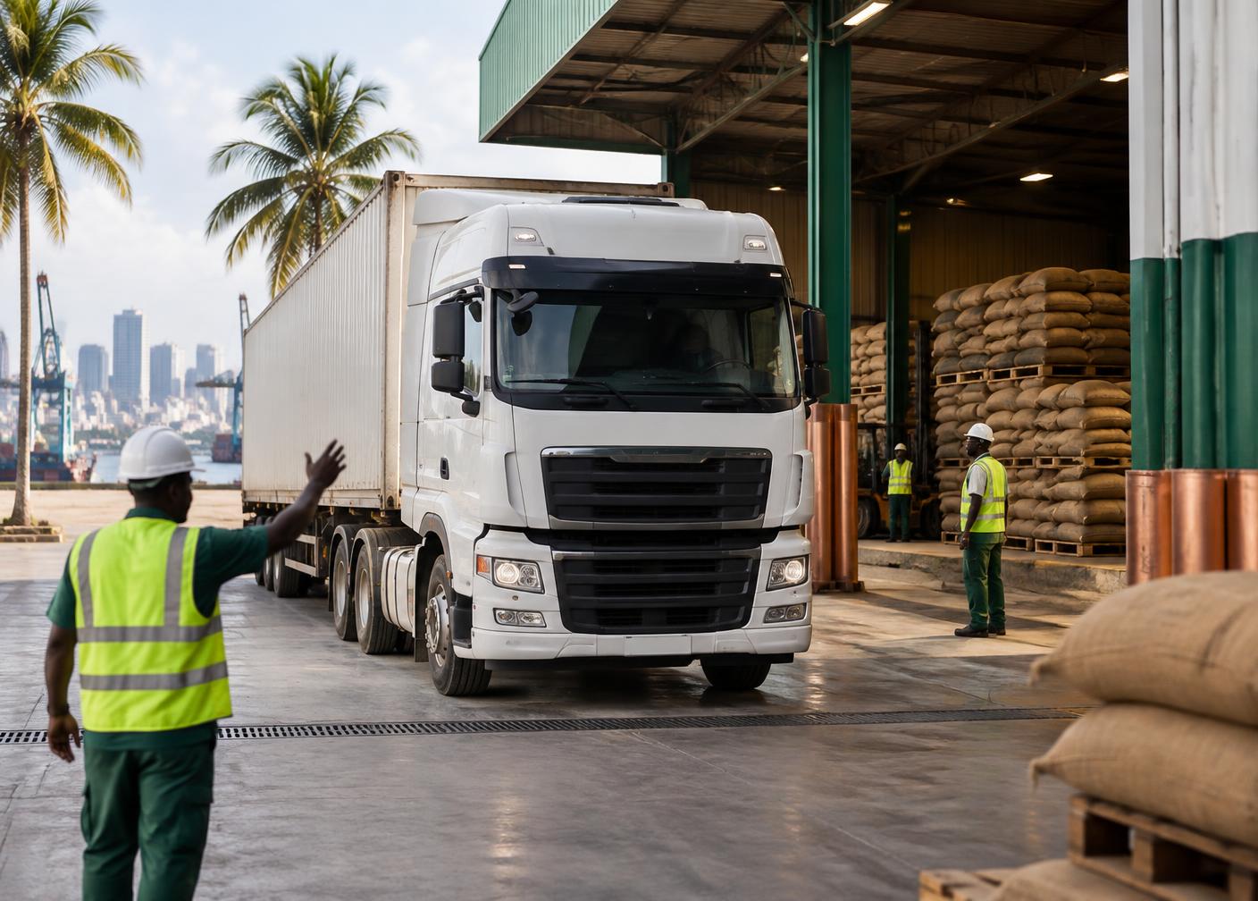 Camion arrivant sous le quai couvert de l'entrepôt