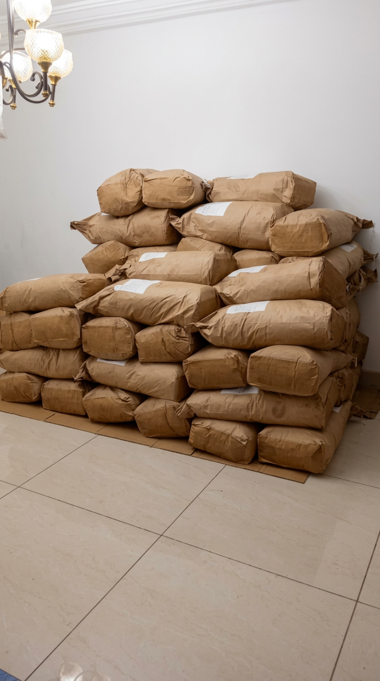 Lots de cacao conditionnés et identifiés en stockage