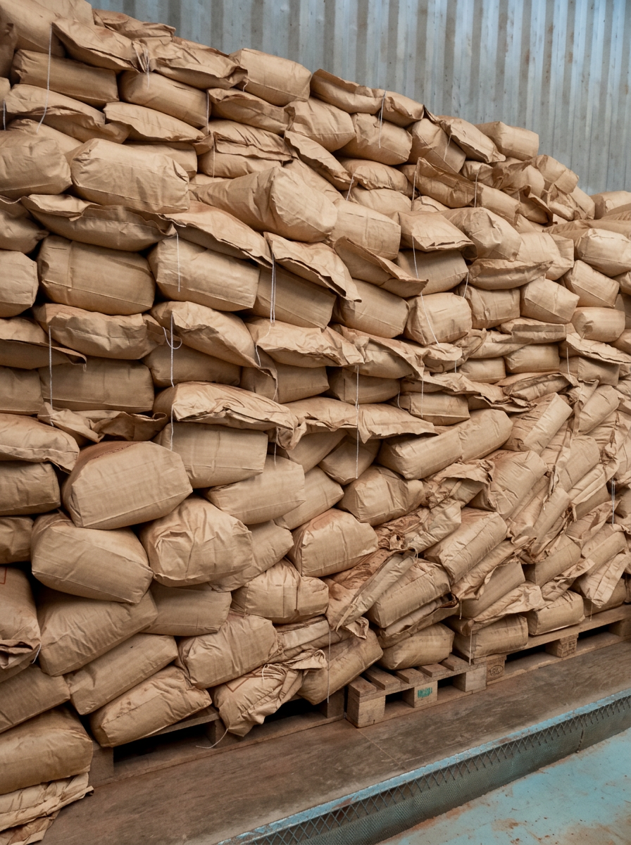 Sacs de cacao stockés sur palettes avant expédition